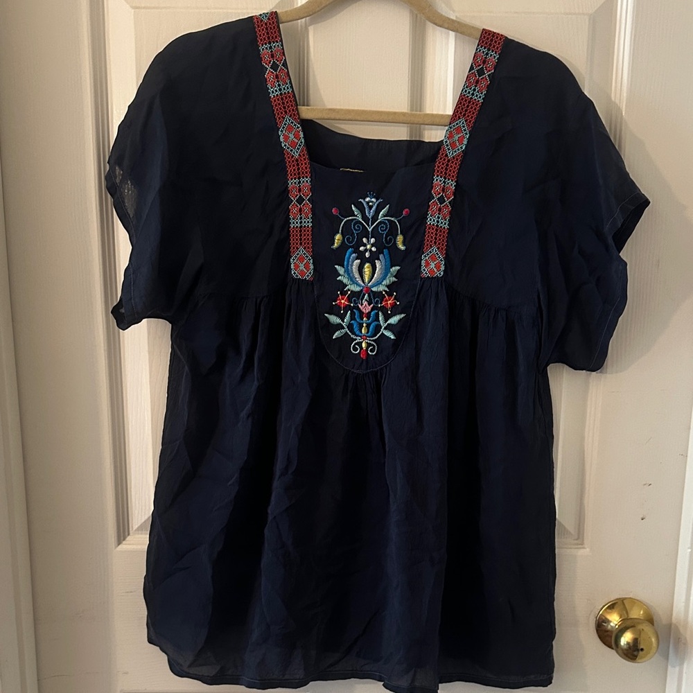 Johnny Was Embroidered Navy Top with Red Accent Straps